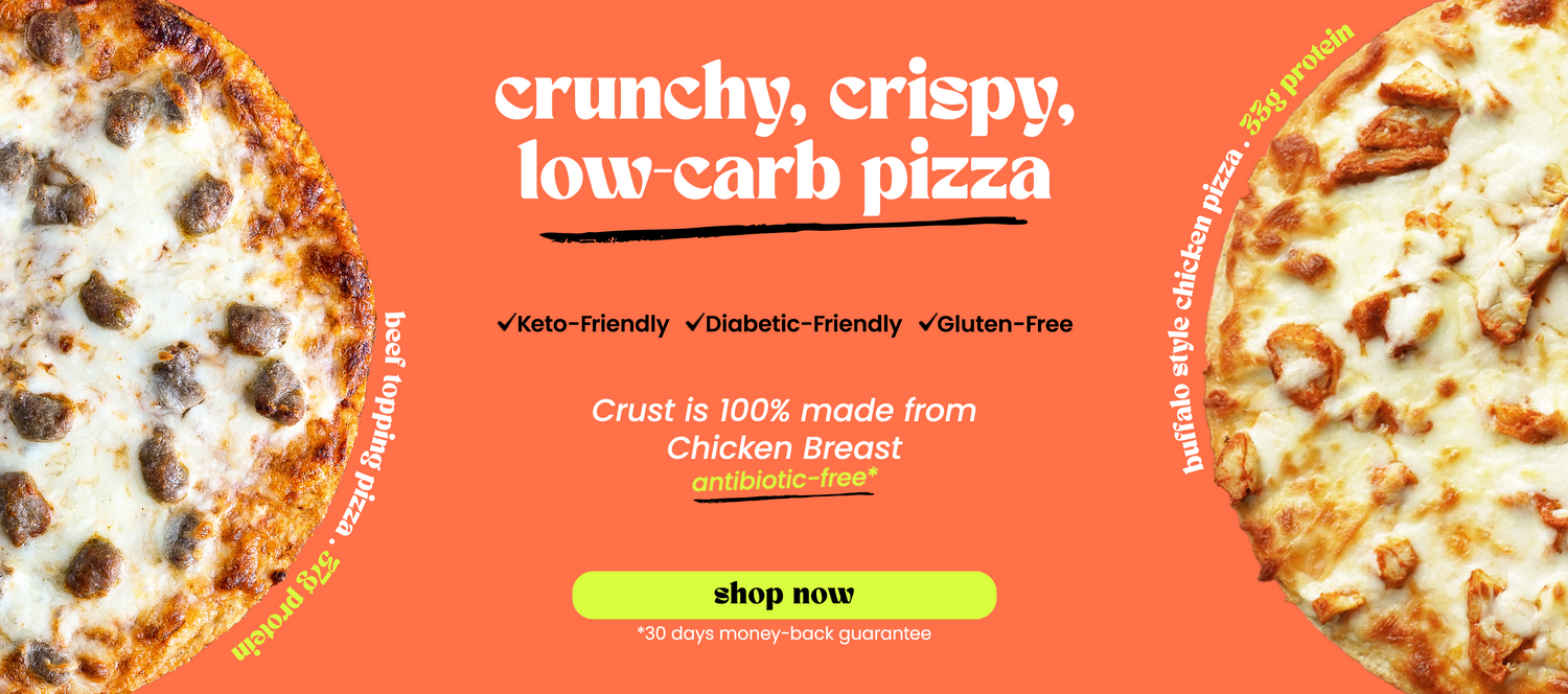 crunchy, crispy, low-carb pizza. Keto-friendly, diabetic-friendly, gluten free. Crust is 100% made from chicken breast. Antibiotic free. Shop now!