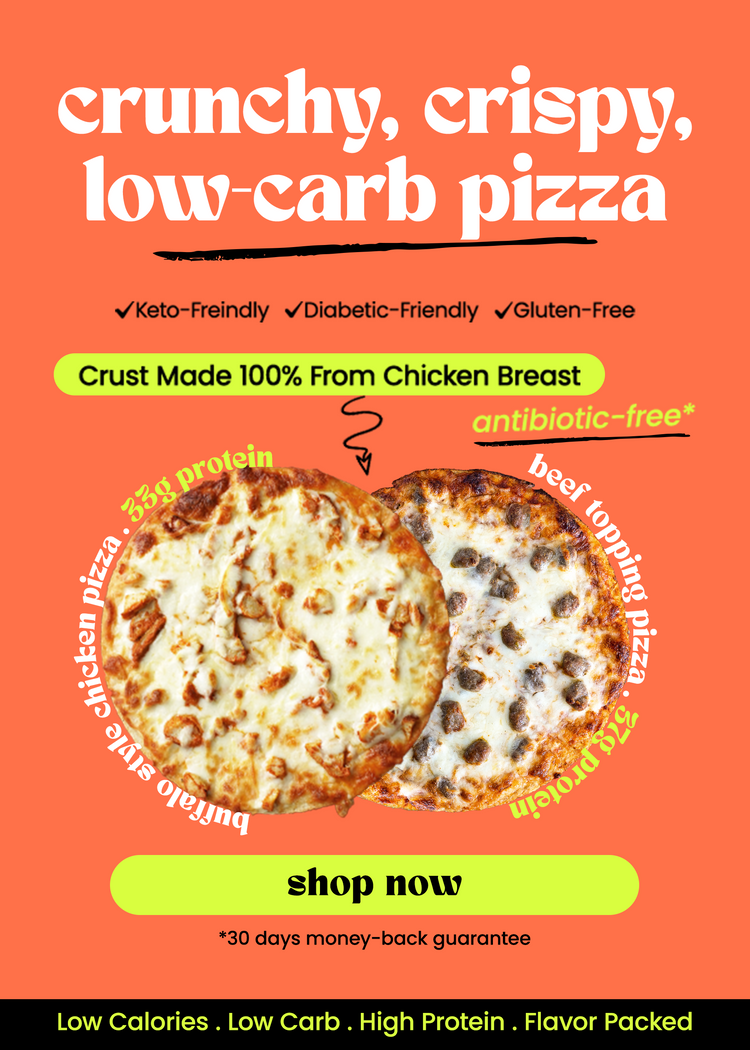 crunchy, crispy, low-carb pizza. Keto-friendly, diabetic-friendly, gluten free. Crust is 100% made from chicken breast. Antibiotic free. Shop now!